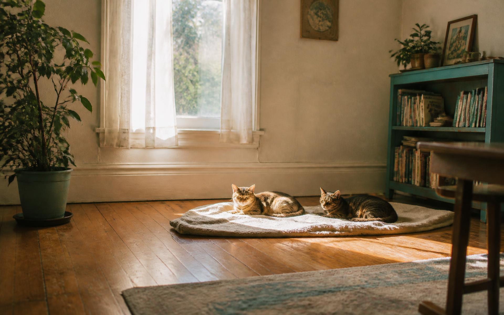 Cats resting together in a sunbeam on the floor of a quiet, sunlit room